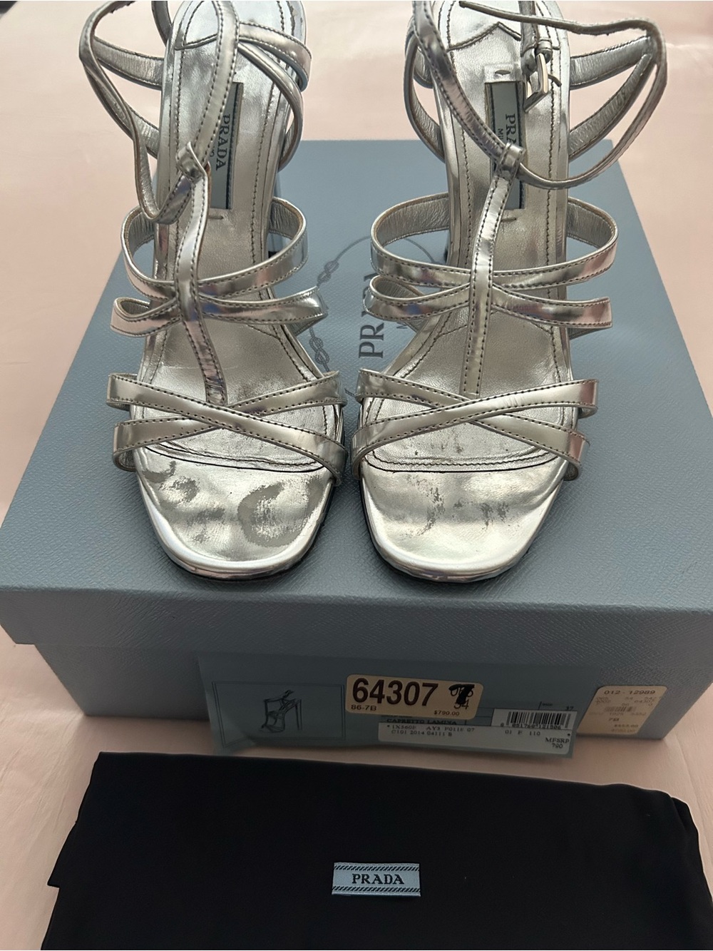 Prada Silver Metallic Strappy High-Heel Sandals